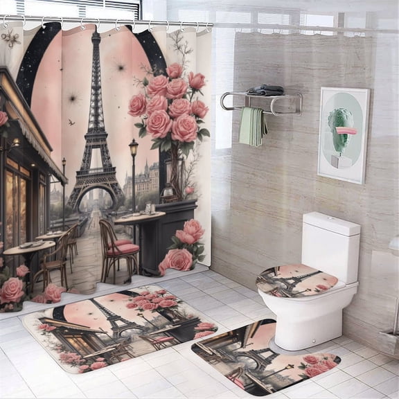 Parisian Cafe with Eiffel Tower View Shower Curtain Bathroom Sets Toilet Lid Rug, Bath Mat And Contour Mat, Shower Curtain 4Pcs