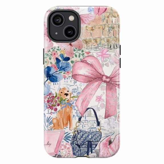 Parisian Chic Collage Phone Case, Pink Bow and Puppy Aesthetic Phone Cover for iPhone 17 16 15 14 13 12 11 Plus Pro Max Mini