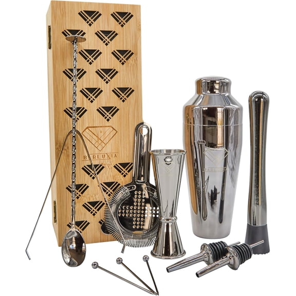 Parisian Cocktail Shaker Set 12pc - Gunmetal Black Stainless Steel Cocktail Shaker Tins, Hawthorne Strainer, Muddler, Jigger, Bar Spoon, Ice Tongs, Pourers, Picks & Pouch in Bamboo Gift Box