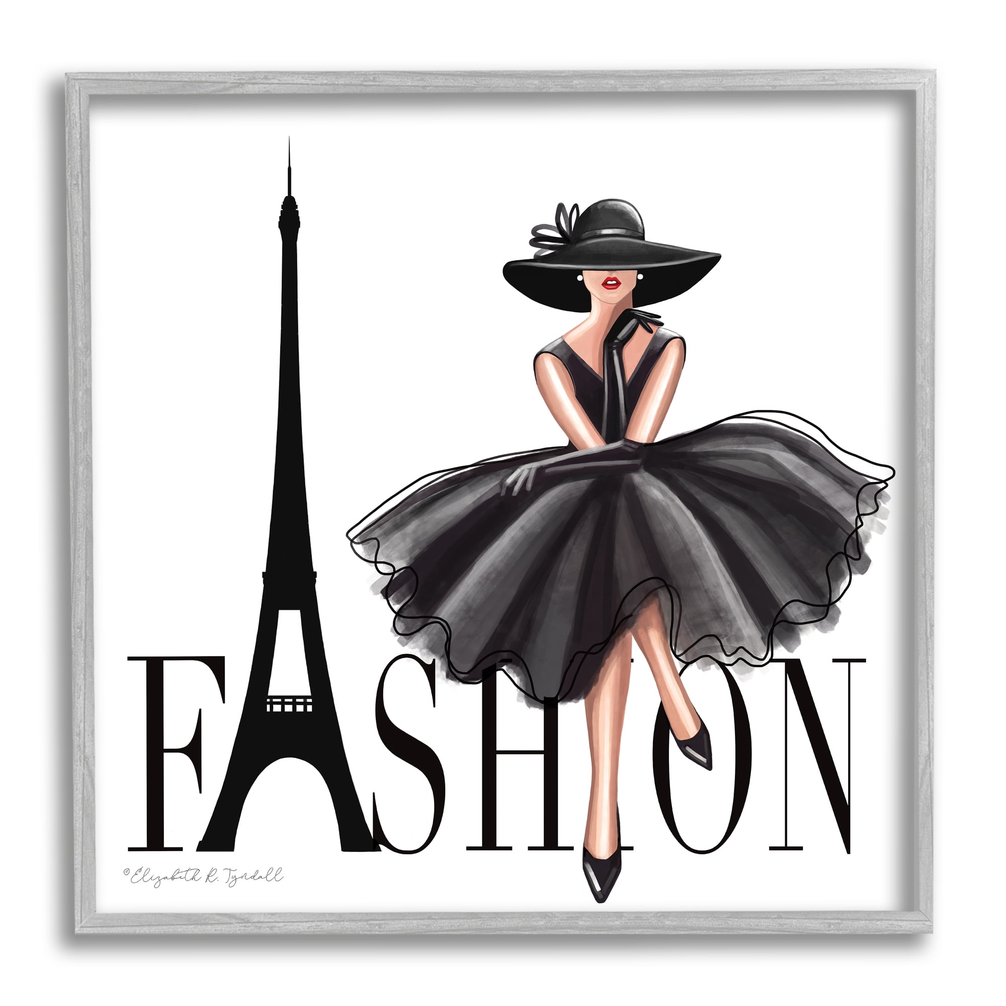 Parisian Fashion Illustration High End Design Black Dress Beauty & Fashion Framed Art Print Wall Art, 17x17