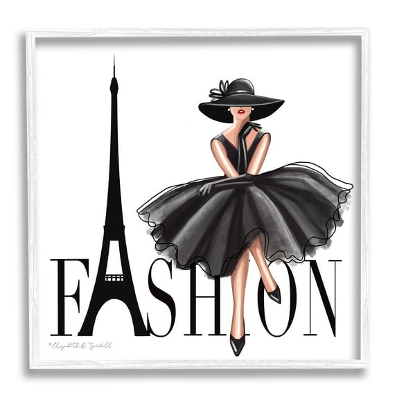 Parisian Fashion Illustration High End Design Black Dress Beauty & Fashion Framed Art Print Wall Art, 17x17