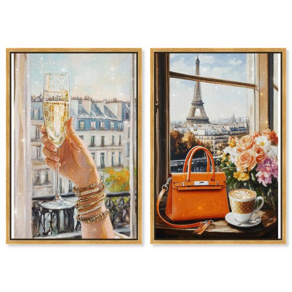 Parisian Fashion and Bubbly 2 Panel Set Canvas Print Fashion Wall Art by Art Remedy, Gold Frame, 24 x 36