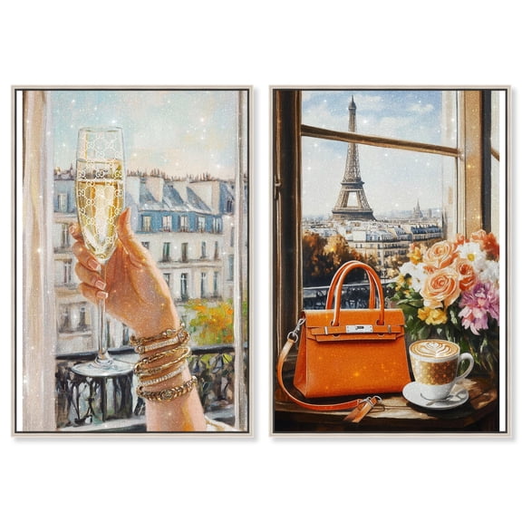 Parisian Fashion and Bubbly 2 Panel Set Canvas Print Fashion Wall Art by Art Remedy, Silver Frame, 16 x 24