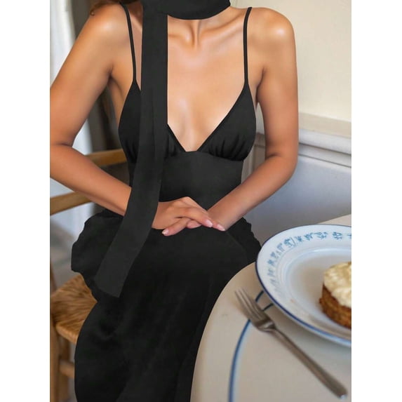 Parisian French Style Choker Maxi Dress Black, Deep V-Neck Flowy Sundress