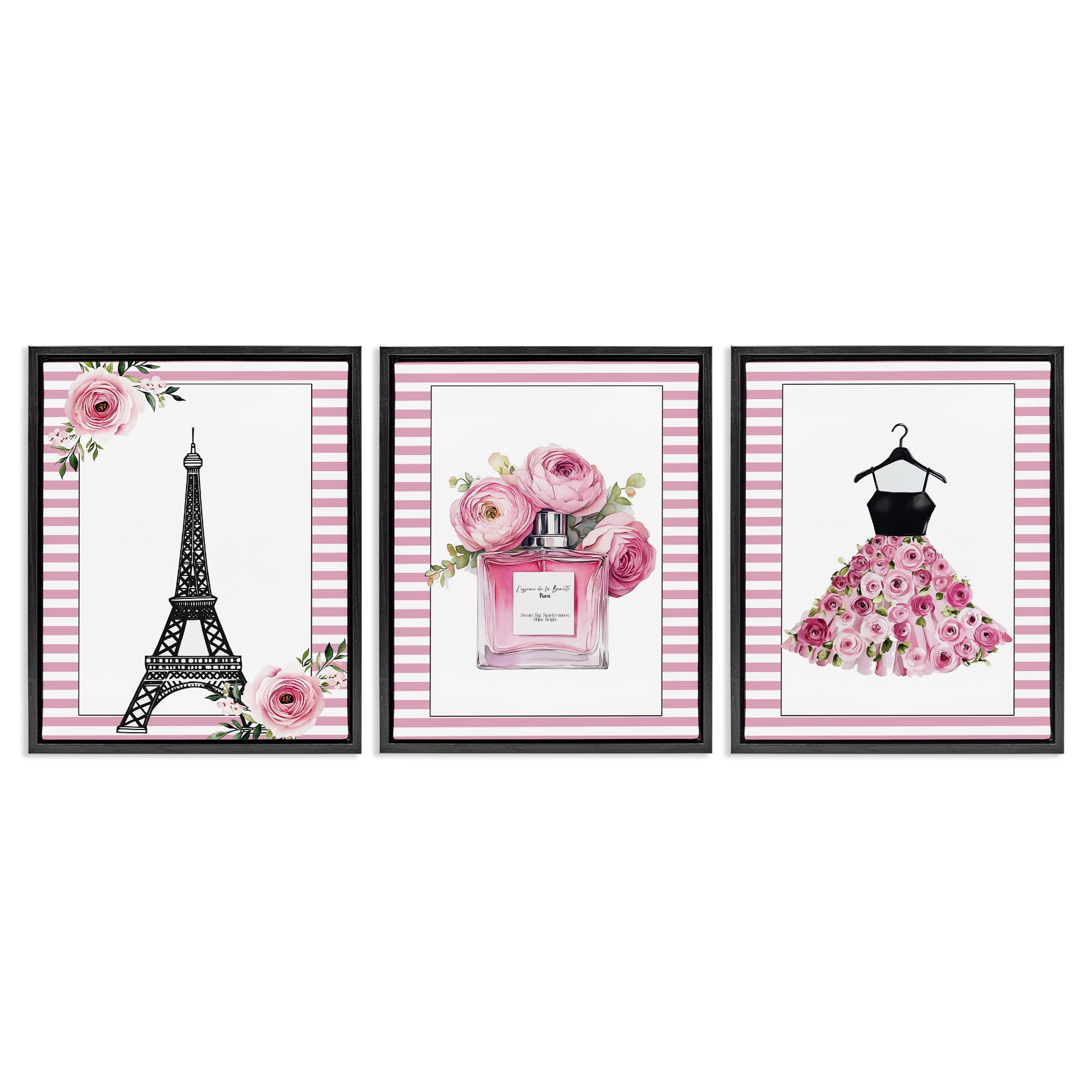 Parisian Glam with Stripes 3 Piece Black Framed Floater Canvas Set, design by Christine Simpson Art