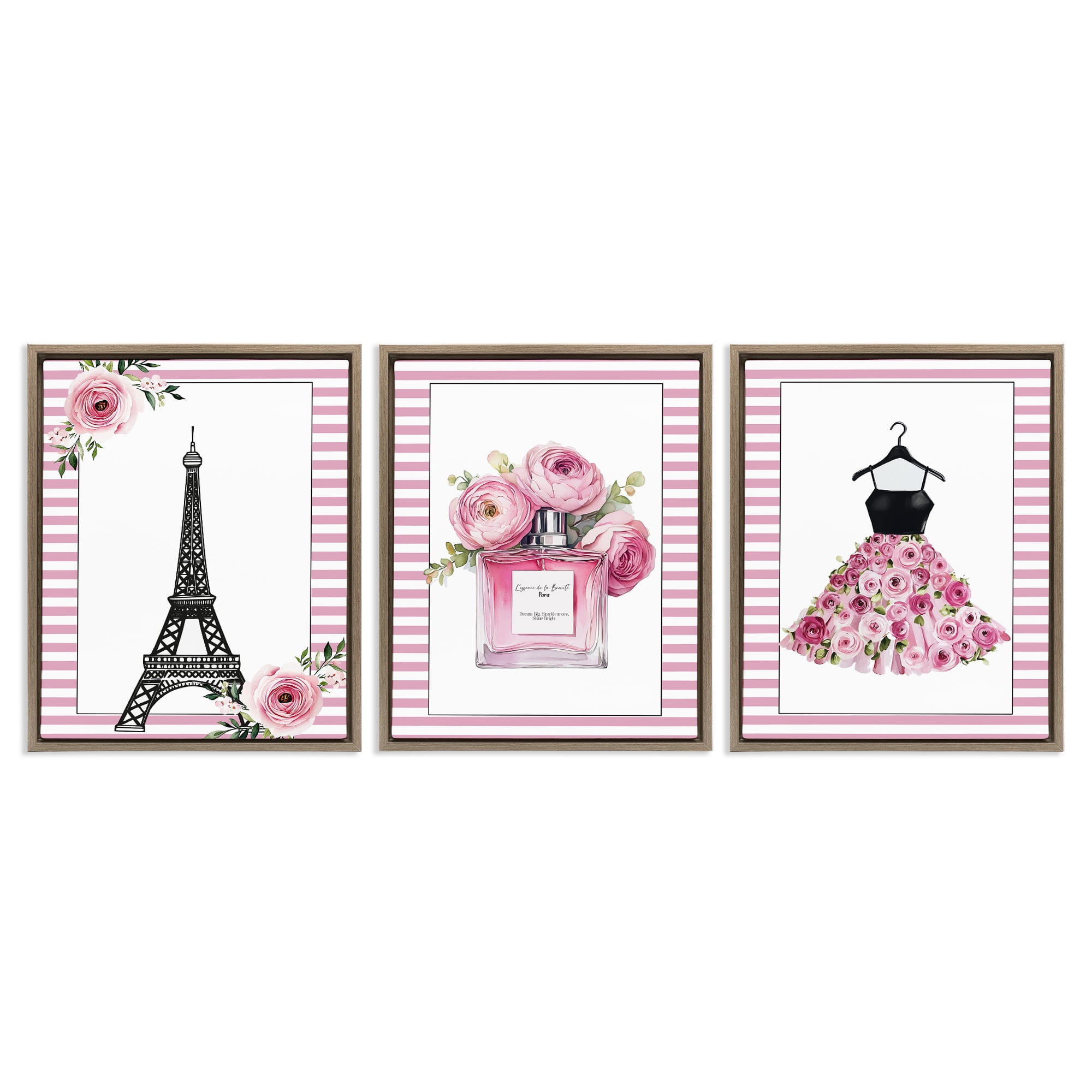 Parisian Glam with Stripes 3 Piece Brown Framed Floater Canvas Set, design by Christine Simpson Art