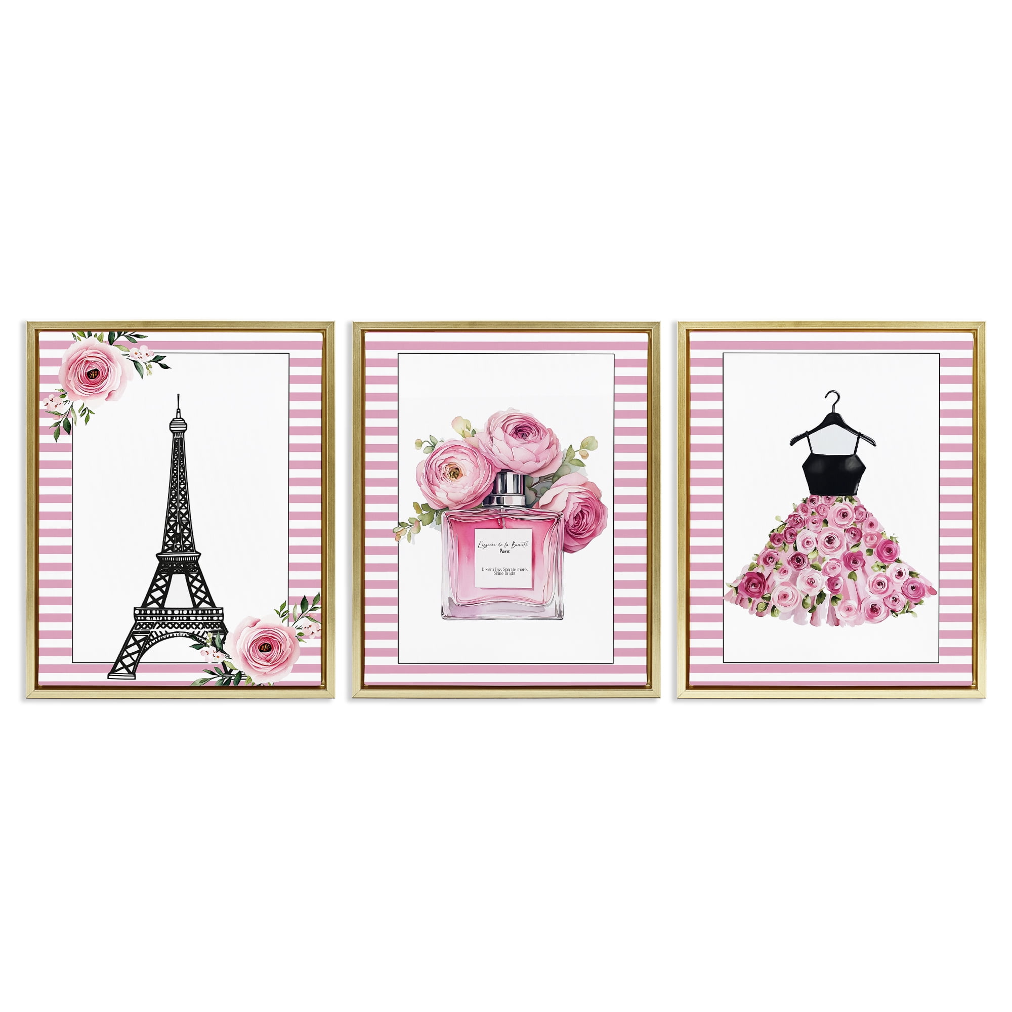 Parisian Glam with Stripes 3 Piece Gold Framed Floater Canvas Set, design by Christine Simpson Art