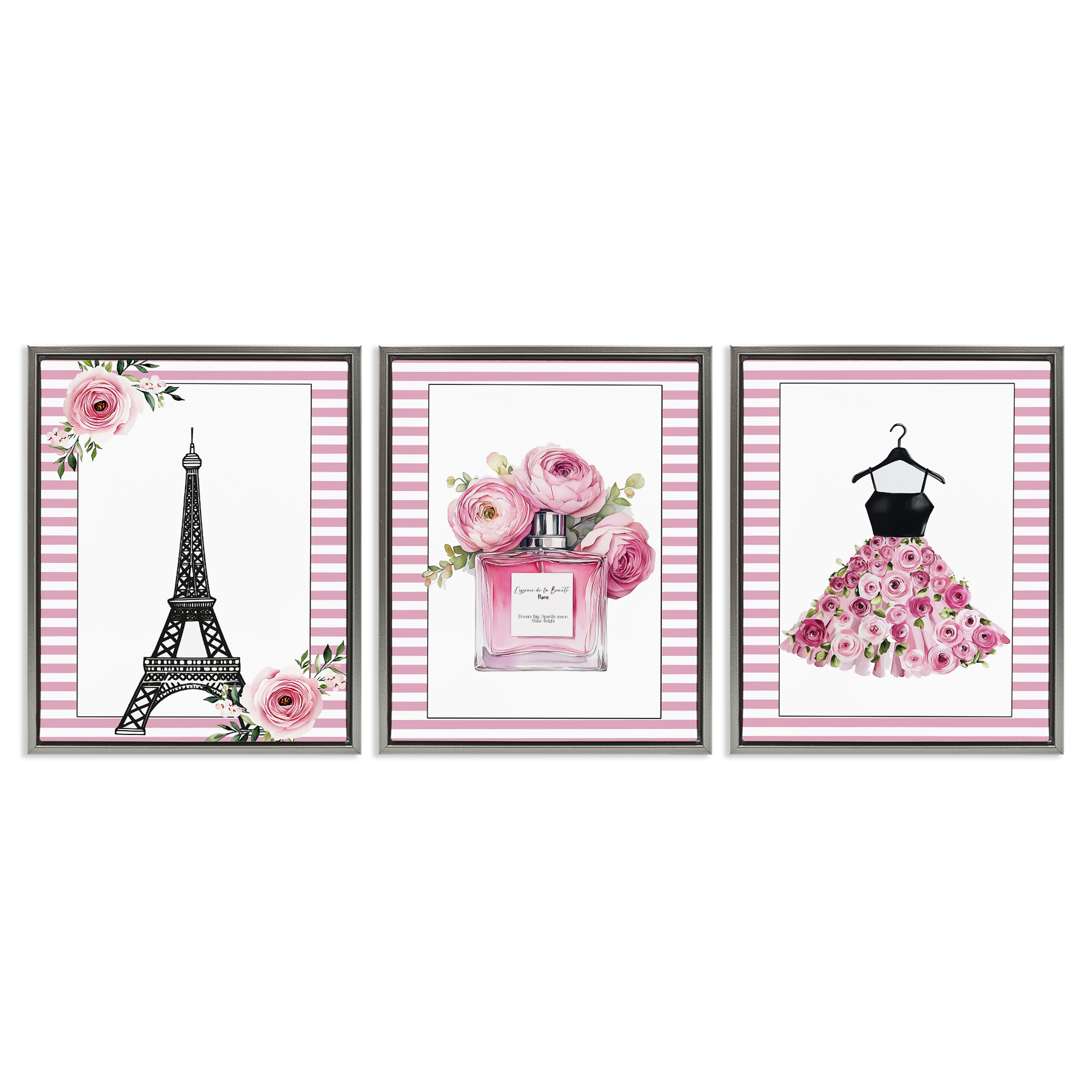 Parisian Glam with Stripes 3 Piece Gray Framed Floater Canvas Set, design by Christine Simpson Art