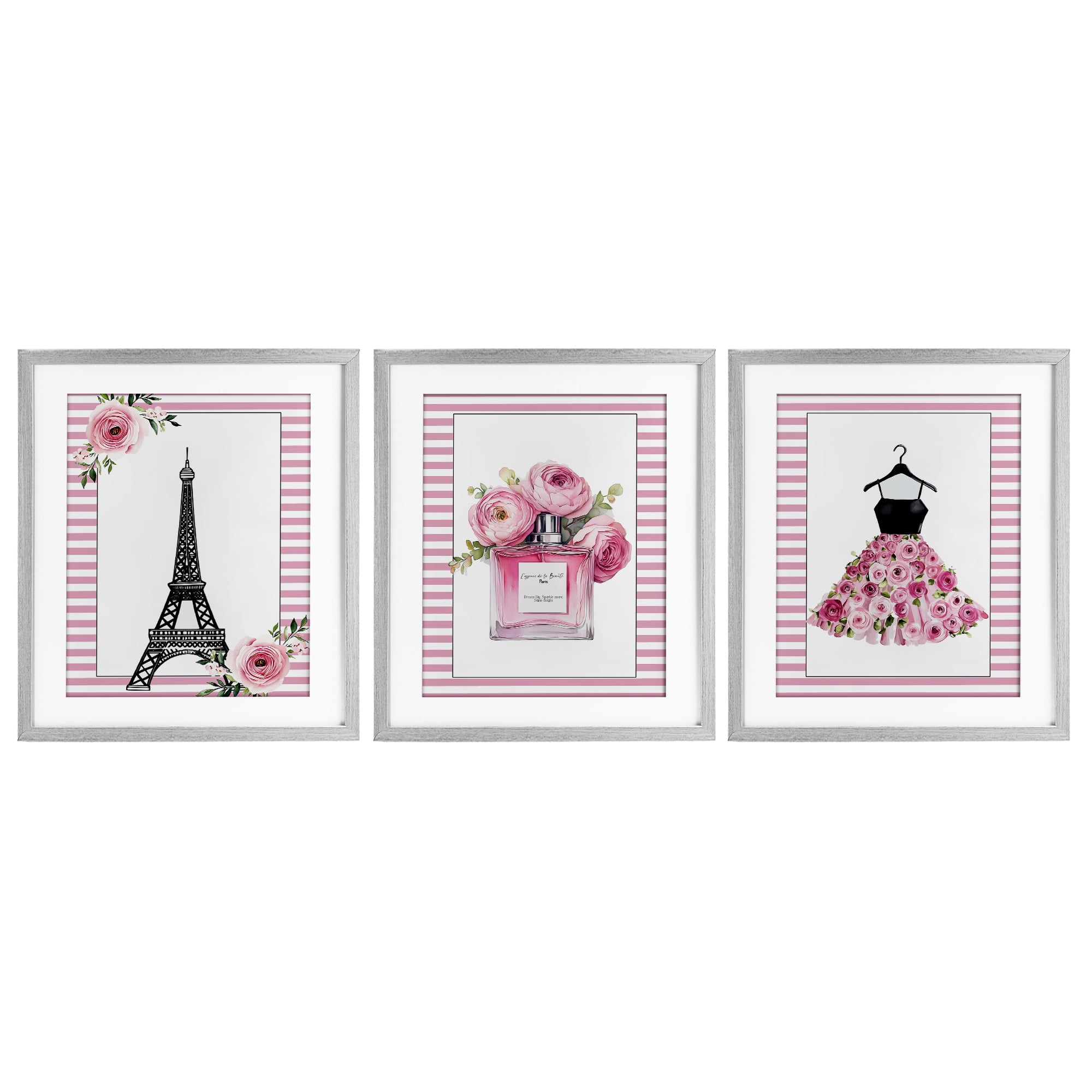 Parisian Glam with Stripes 3 Piece Gray Framed Print Under Glass Set, design by Christine Simpson Art