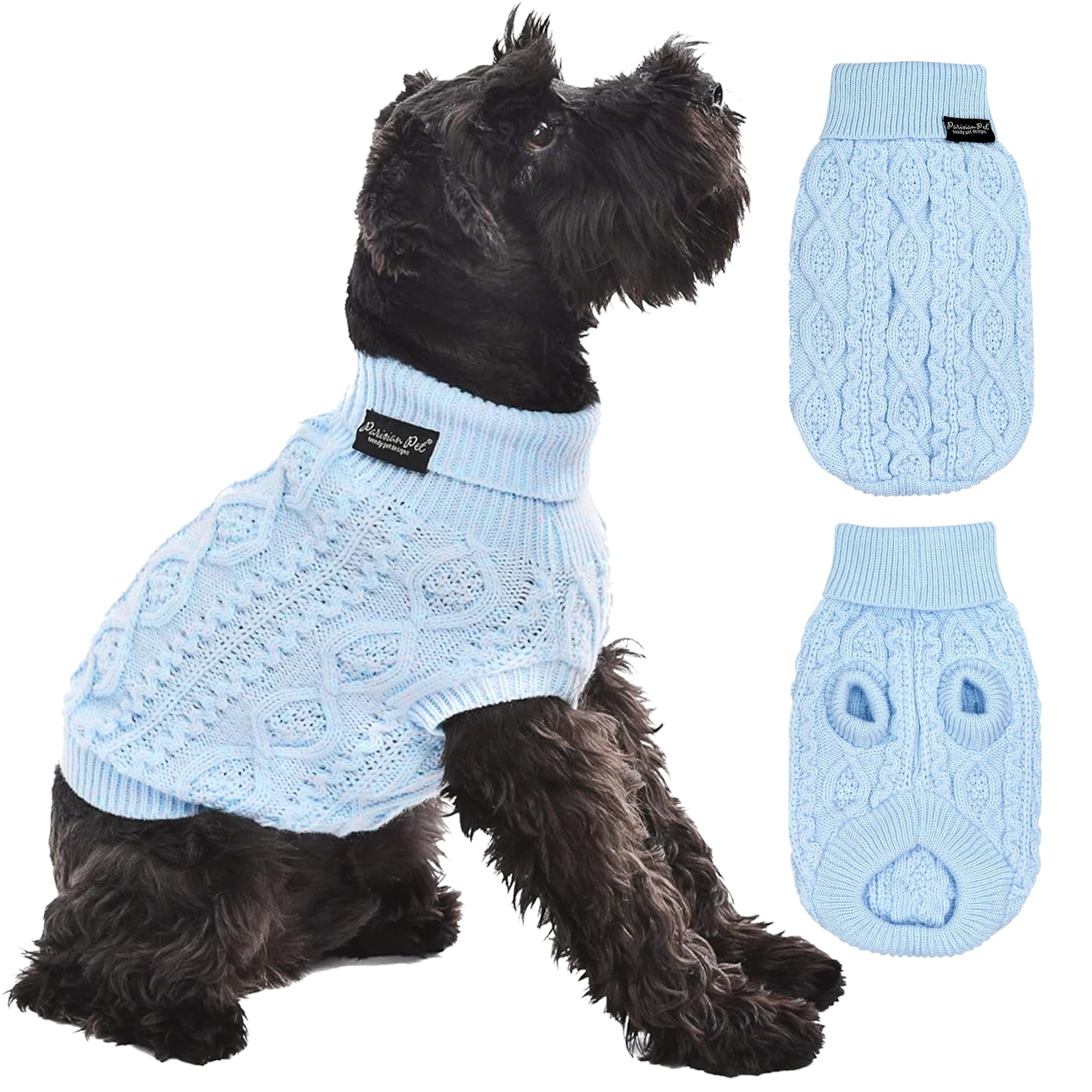 Parisian Pet Dog Sweaters - Pull Over, Turtle Neck Blue Dog Sweater - Cable Knit Thick Dog Sweater - Fall, Winter Dog Clothes - Flexible Arm Holes Dog Sweaters for Medium Dog - M