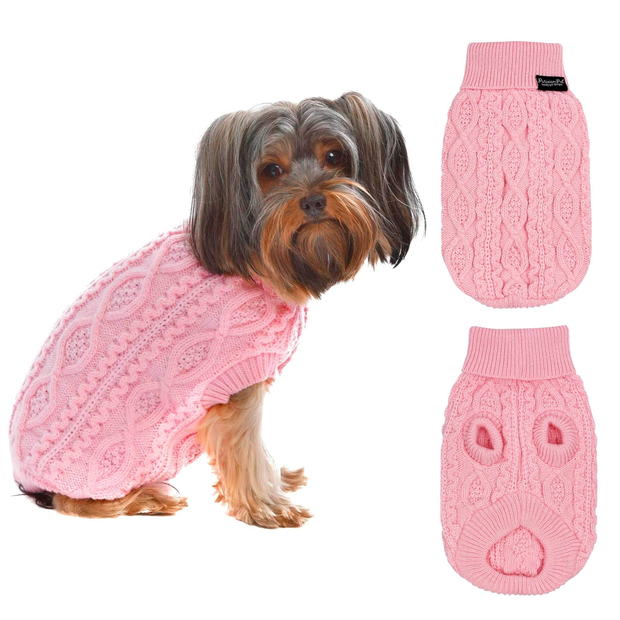 Parisian Pet Dog Sweaters - Pull Over, Turtle Neck Pink Dog Sweater - Cable Knit Thick Dog Sweater - Fall, Winter Dog Clothes - Flexible Arm Holes Large Dog Sweaters For Girl Dogs - L