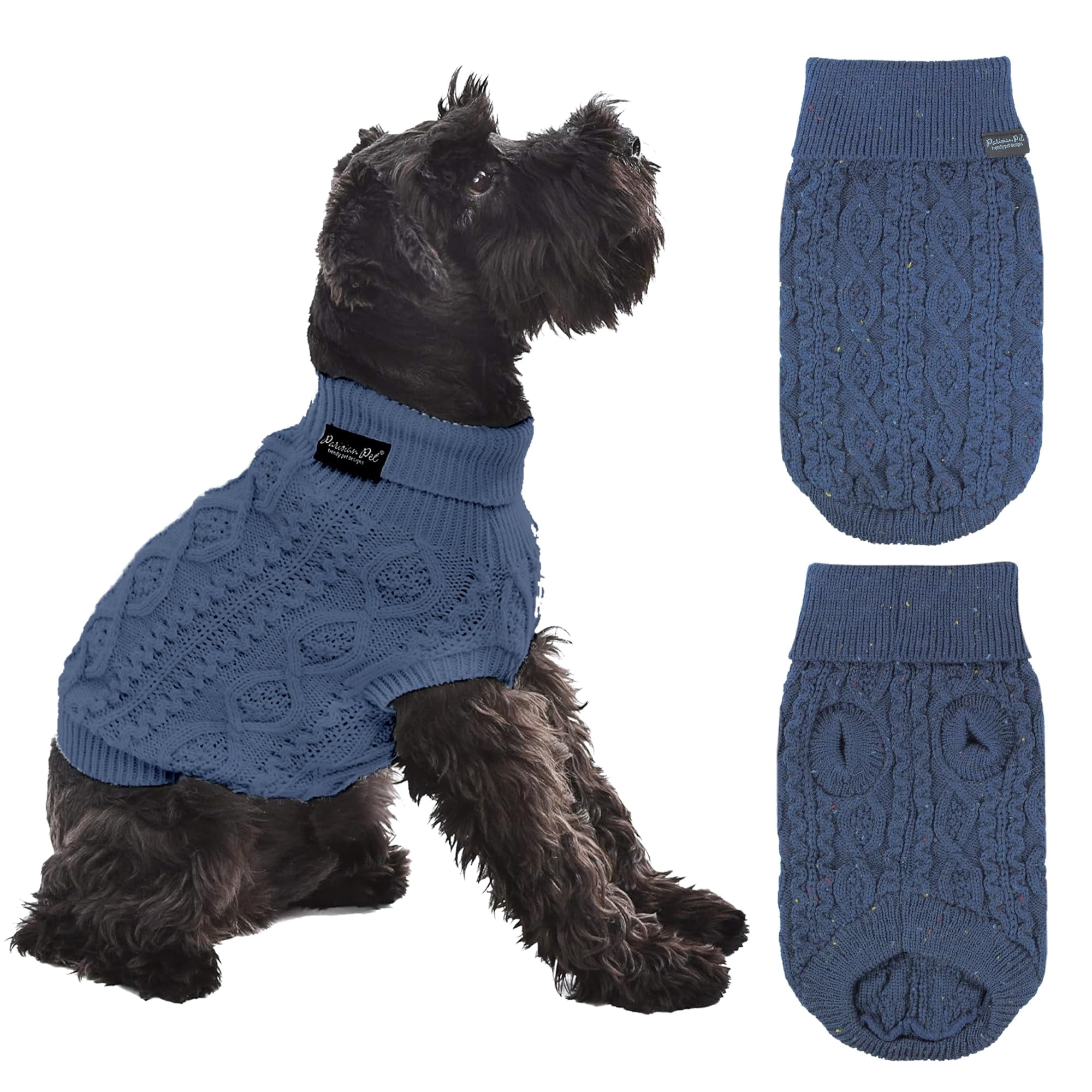 Parisian Pet Dog Sweaters - Pull Over, Turtle Neck Dog Sweater - Cable Knit Navy Thick Dog Sweater - Fall, Winter Dog Clothes - Flexible Arm Holes Large Dog Sweaters - 2XL