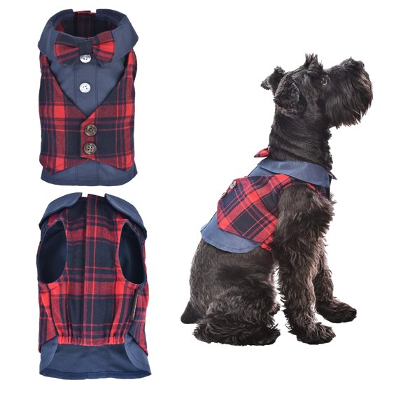 Parisian Pet Plaid Dog Shirt - Scottish Red/Blue Tuxedo Dog Clothes - Stylish Dog Wedding Outfit - Lightweight Party Puppy Dress - Christmas Dog Shirts for Small Dogs - All Sizes Available - S