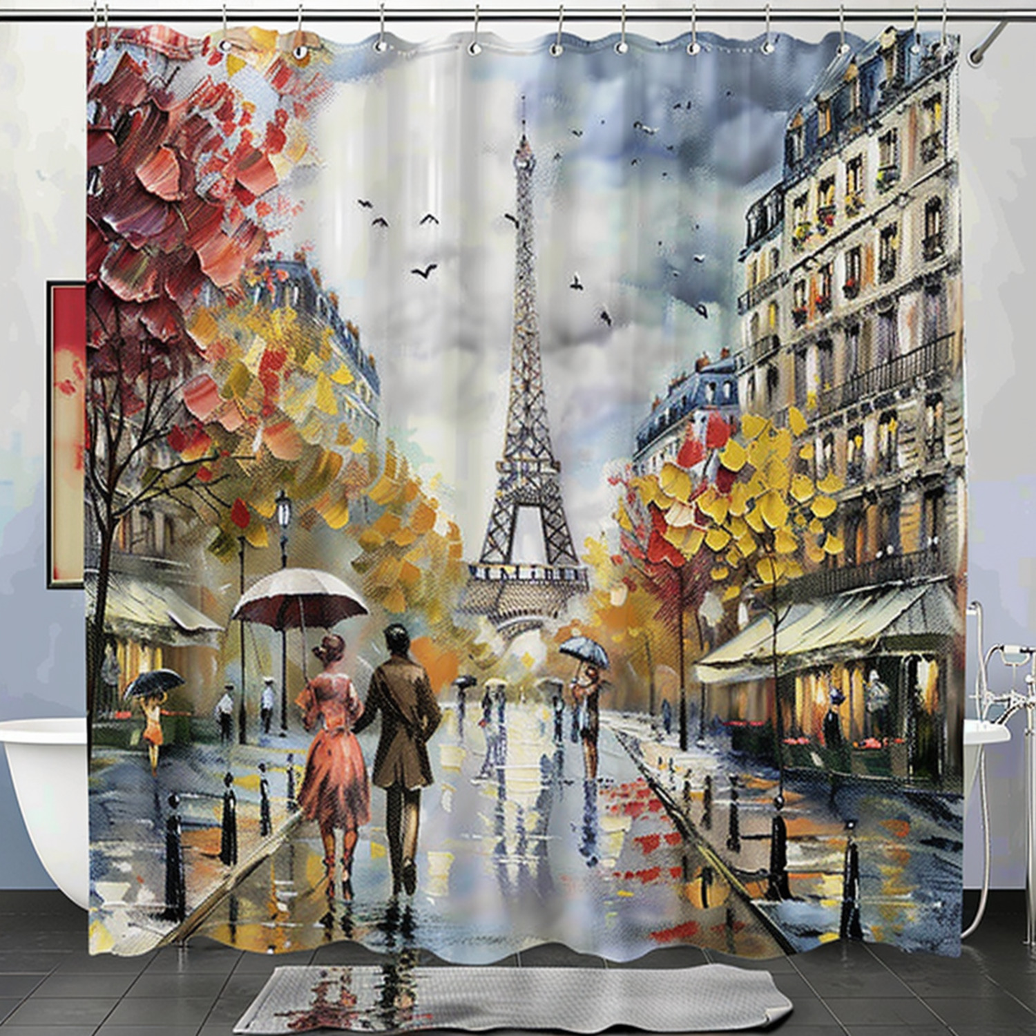Parisian Romance Shower Curtain Set Eiffel Tower Street Scene with