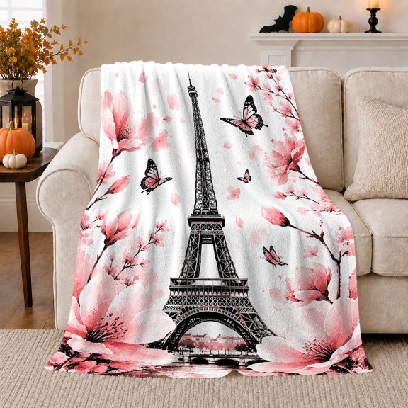 Parisian Spring Eiffel Tower Silhouette Pink Cherry Blossoms, Cozy Friendship Quote Scene, Warm Flannel Blanket for Living Room and Reading Nook, Art Lovers Friendship Gift, Artistic Home Decor