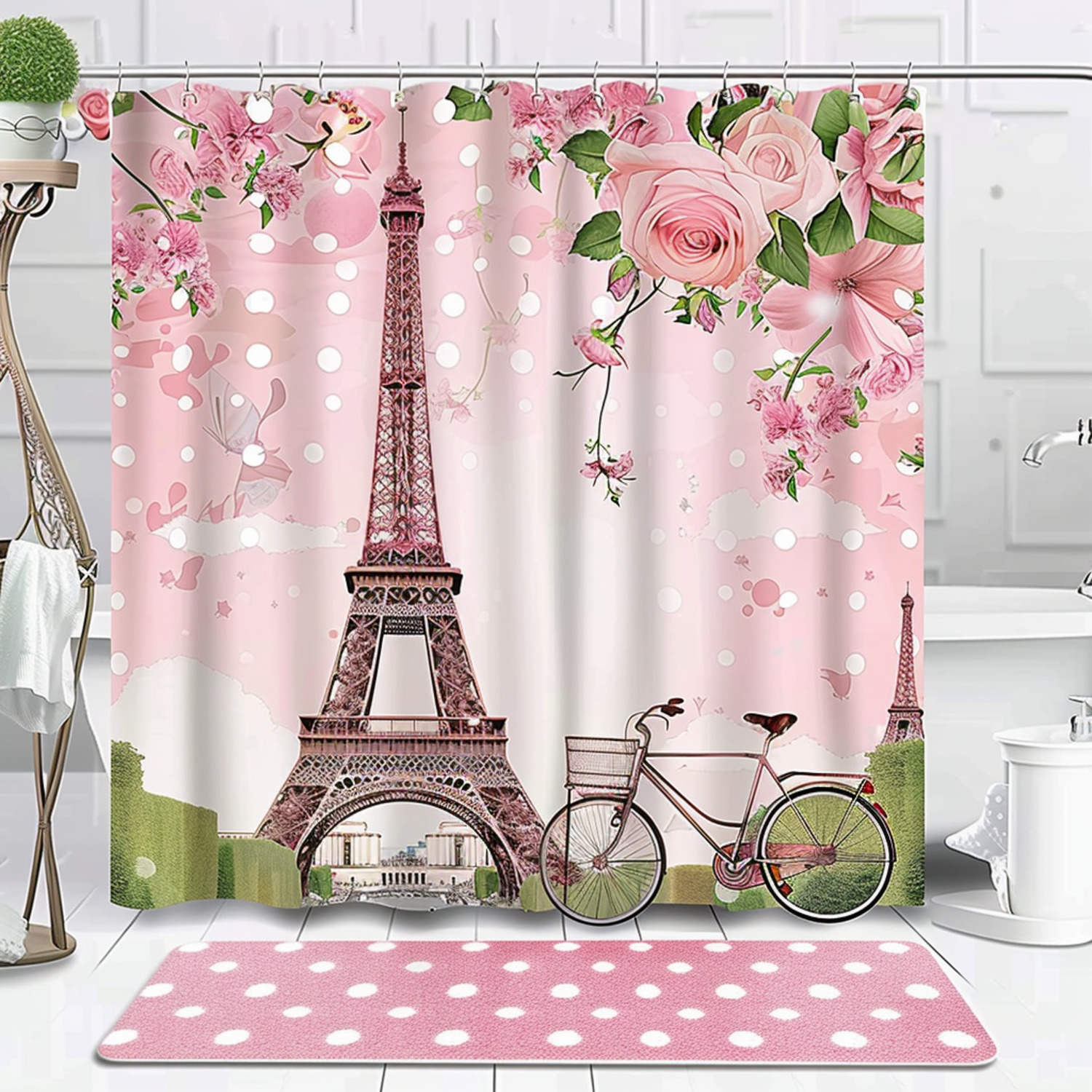 Parisian Style Pink Bathroom Set with Eiffel Tower and Floral Prints ...