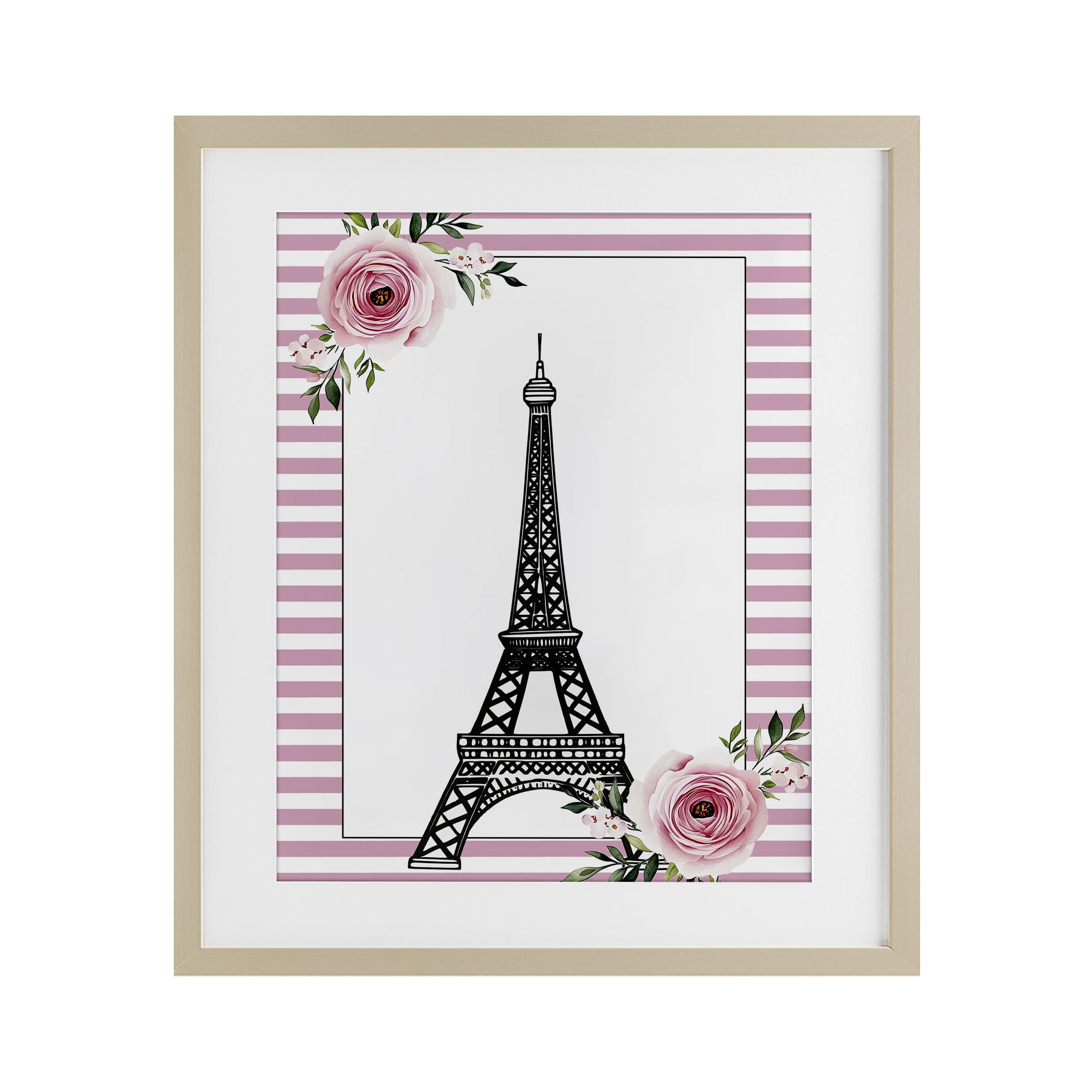 Parisian Tower & Roses Birch Framed Print Under Glass, design by Christine Simpson Art