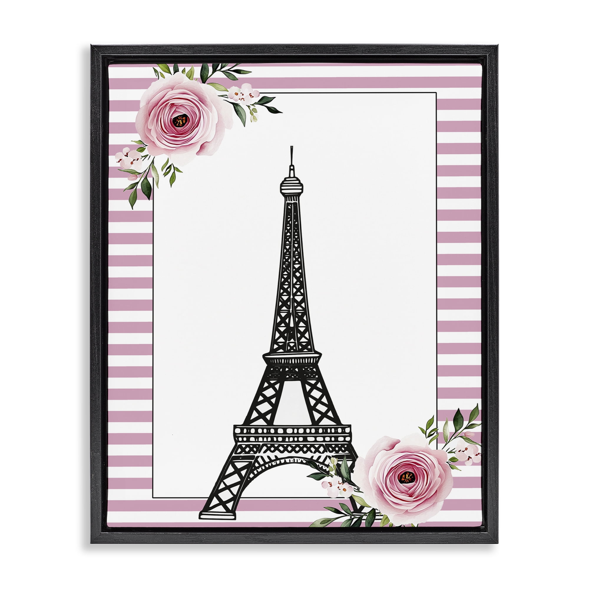 Parisian Tower & Roses Black Framed Floater Canvas Wall Art, design by Christine Simpson Art