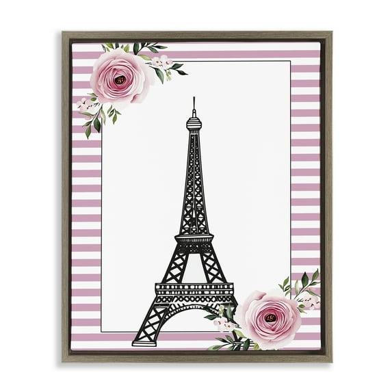 Parisian Tower & Roses Brown Framed Floater Canvas Wall Art, design by Christine Simpson Art