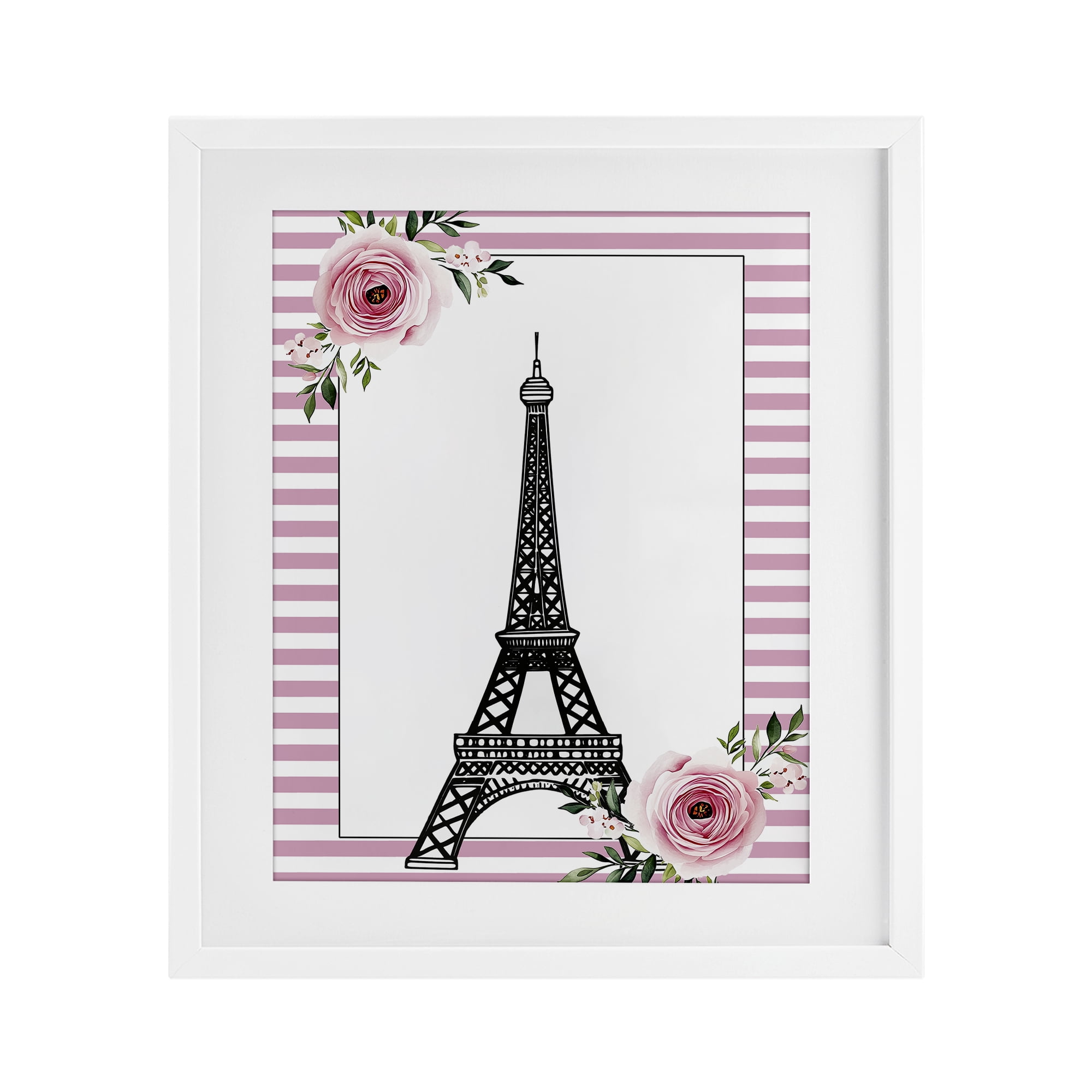 Parisian Tower & Roses White Framed Print Under Glass, design by Christine Simpson Art