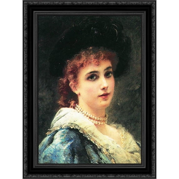 Parisienne in pearl necklace 20x24 Black Ornate Wood Framed Canvas Art by Makovsky, Konstantin
