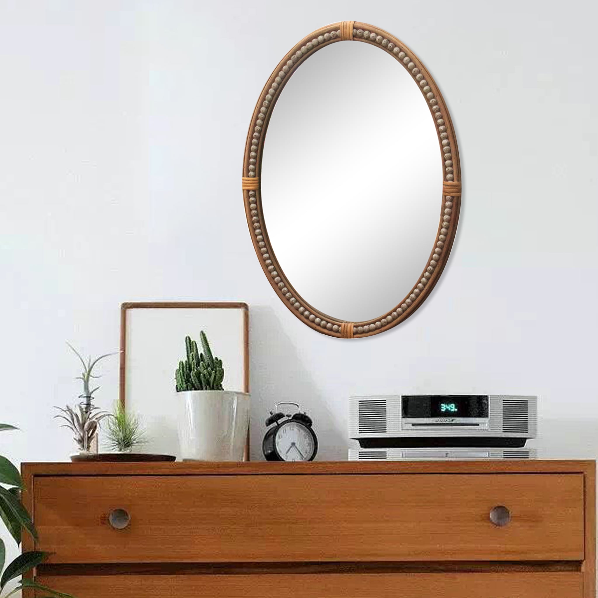 Brown Oval Rattan and Wood Decorative Wall Mirror with Resin Bead Accent