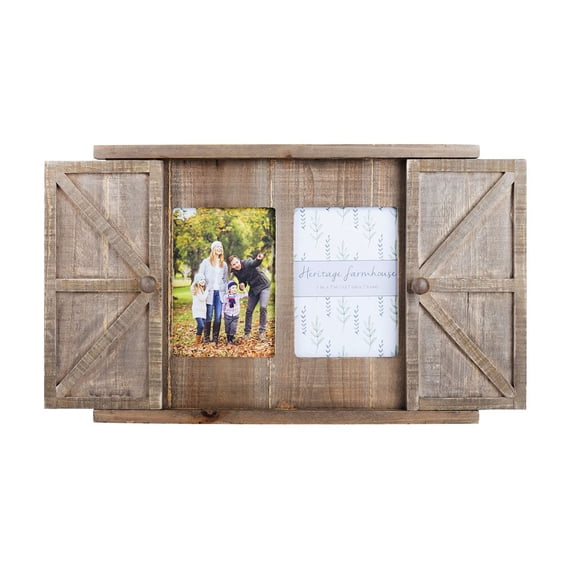 Parisloft 2 Openings Barn Door Wood Wall Picture Frame for 5x7 Photo, Rustic Brown