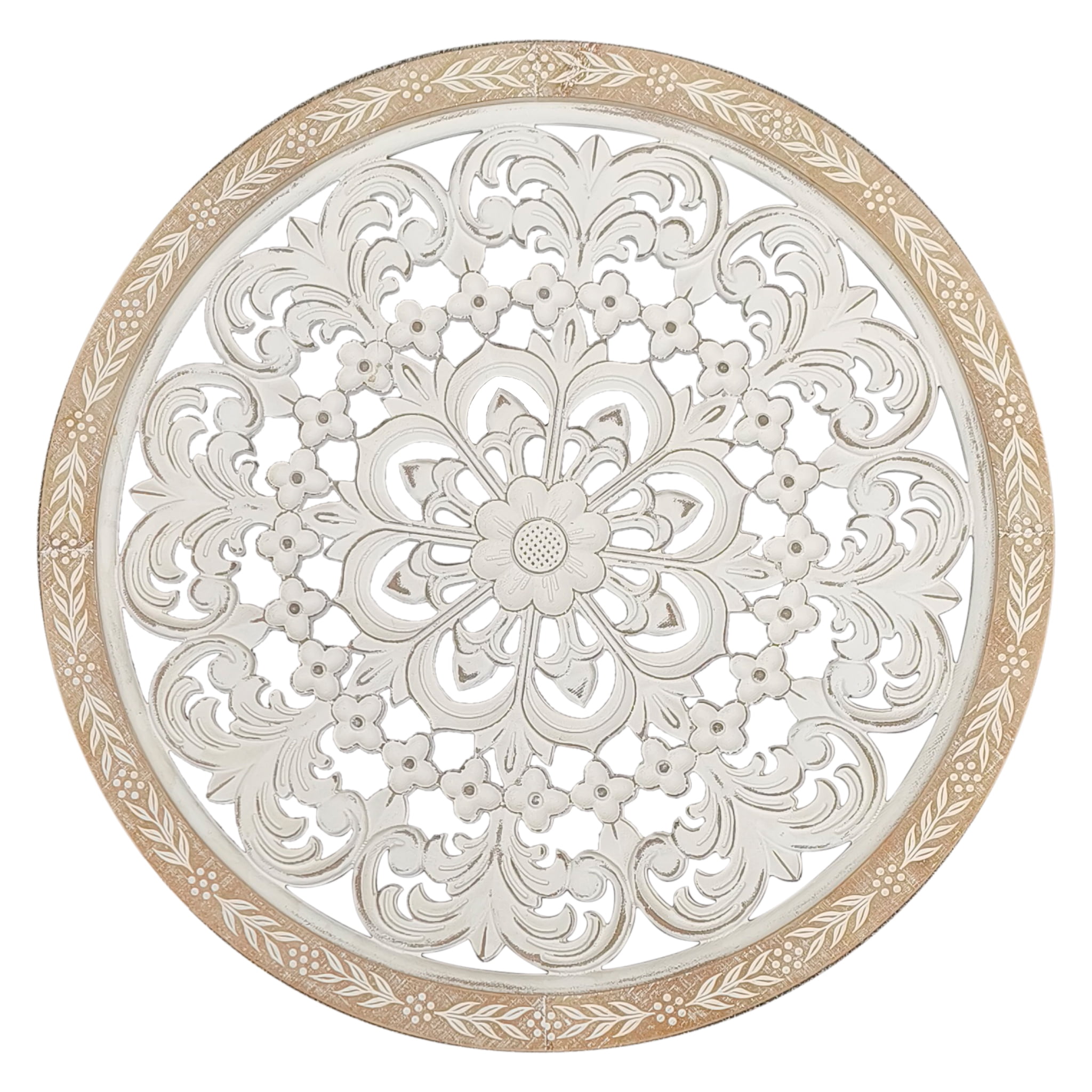Parisloft 25 Inch Round Carved Wood Wall Decor, Natural Wood and