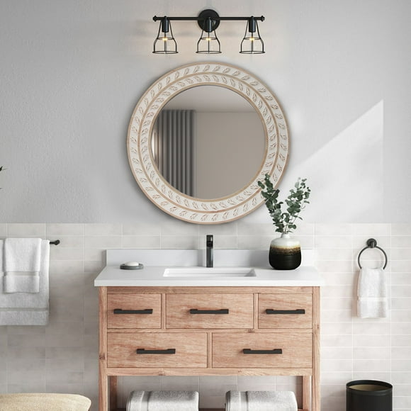 Parisloft 31.5 Inch Round Natural & White Wood Wall Mirror, Farmhouse Rustic Two-tone Finish Wood Mirror , Decorative Carved Wall Mirror for Bathroom, Bedroom, Living Room, Or Entryway