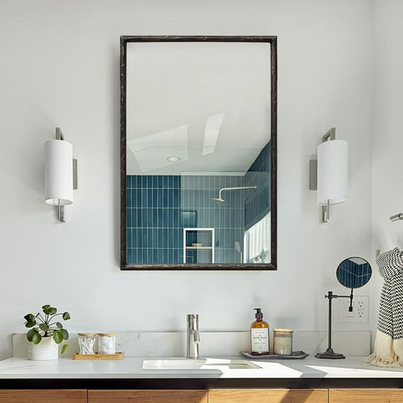 Parisloft Antique Black Metal Framed Rectangle Bathroom Mirror, 24 x 36 Inch, Tempered Glass Bathroom Vanity Mirror