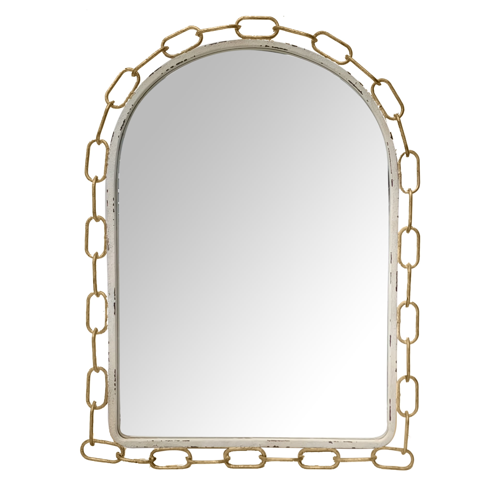Parisloft Arched Metal Chain Link Wall Mirror, Farmhouse Rustic Metal Wall Mirror for Bedroom, Bathroom, Livingroom, Entry, Distressed White and Gold, 23.375 x 31.625 Inch