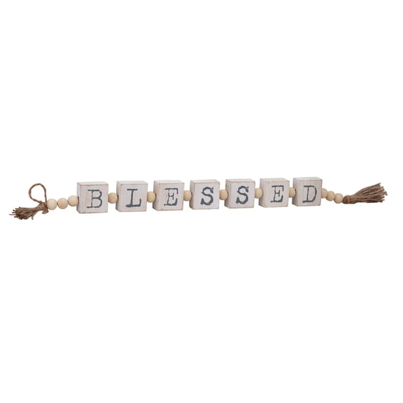 Parisloft Blessed Wood Block Tabletop Sign with Tassels and Beads, White washed Farmhouse Decor, 28.375"L