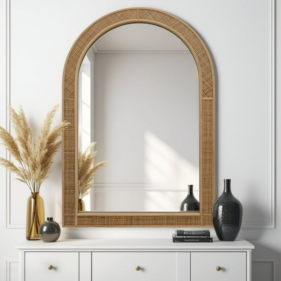 Parisloft Boho Arch Rattan Mirror - 25.5 x 37.4 Inch, Decorative Wall Mirror for Bathroom, Bedroom or Living Room, Natural