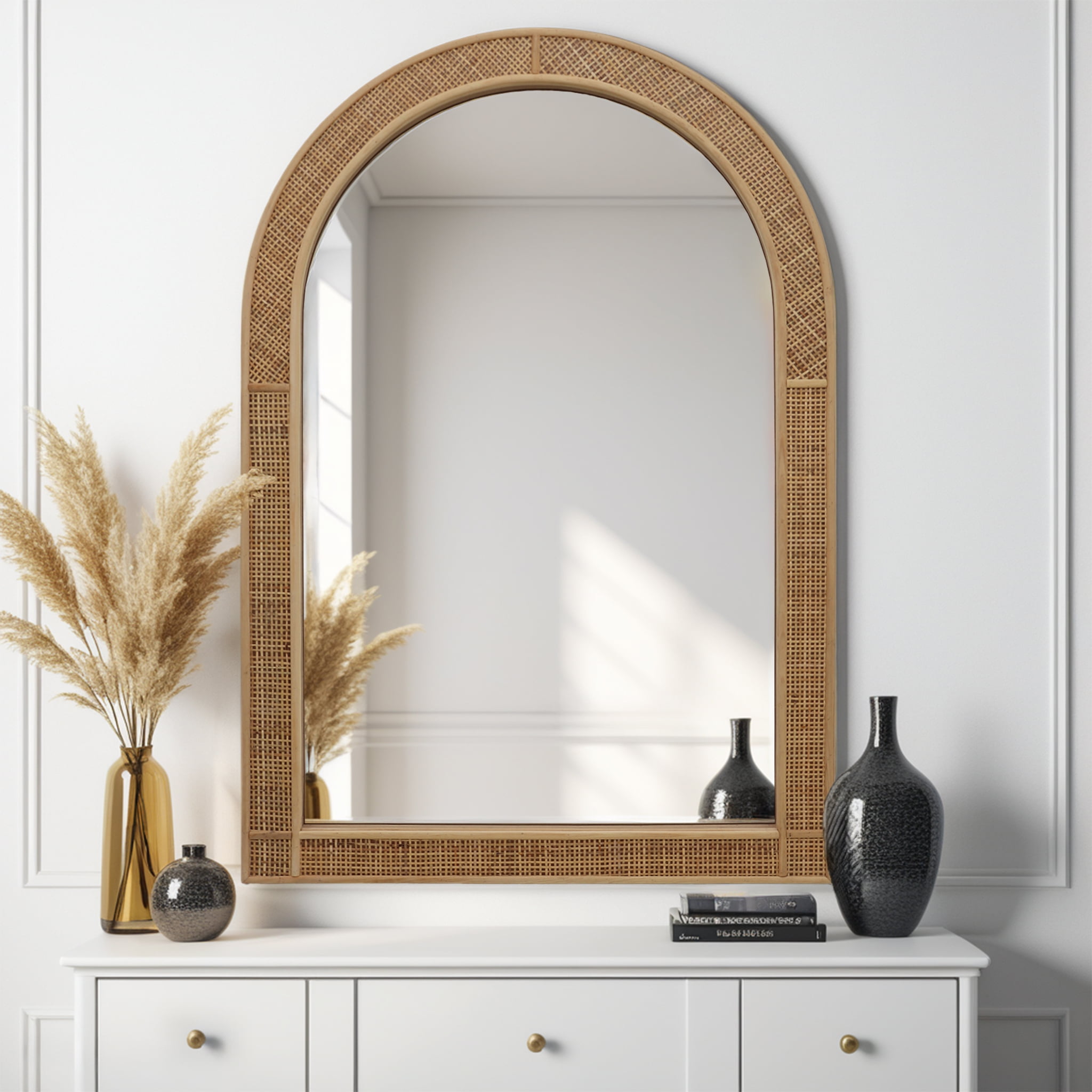 Arched Light Brown Rattan Framed Decorative Wall Mirror
