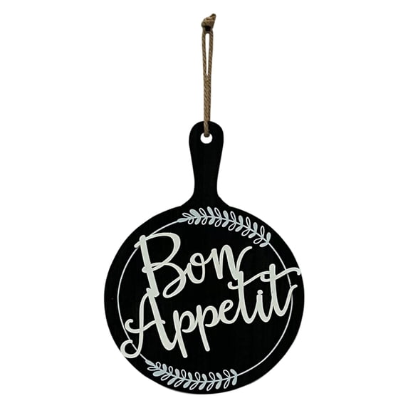 Parisloft Bon Appetit Bread-board Shaped Wood Sign with Rope Hanger,Black and White, 3D Farmhouse Wood Wall Decor for Dining Room, 16"H
