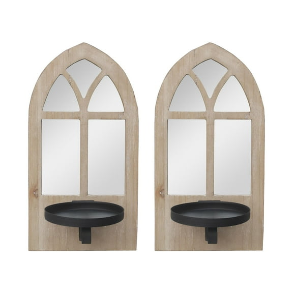Parisloft Cathedral Floating Mirror Sconce for Holding 3x3 inch Candle, Farmhouse Mirrored Candle Holder, Brown and Black, 11"H, 2 Pack