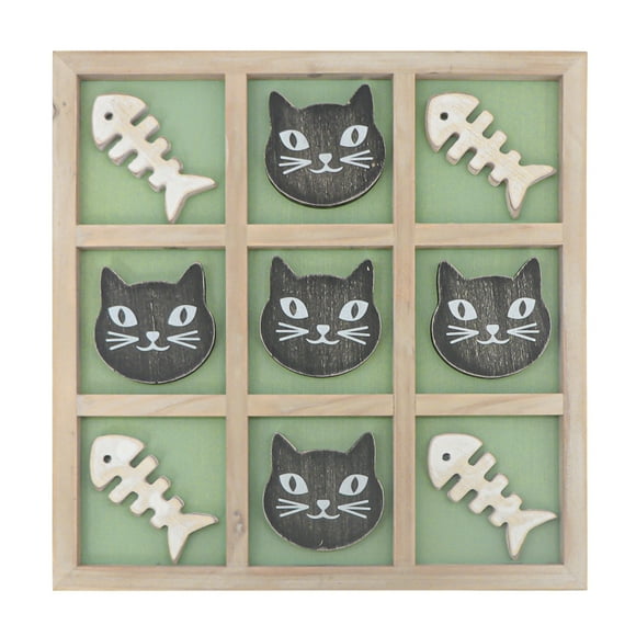 Parisloft Cute Animal Cat Themed Wood Tic Tac Toe Board Game Wood Tabletop Decor -11.75 x 11.75 Inch