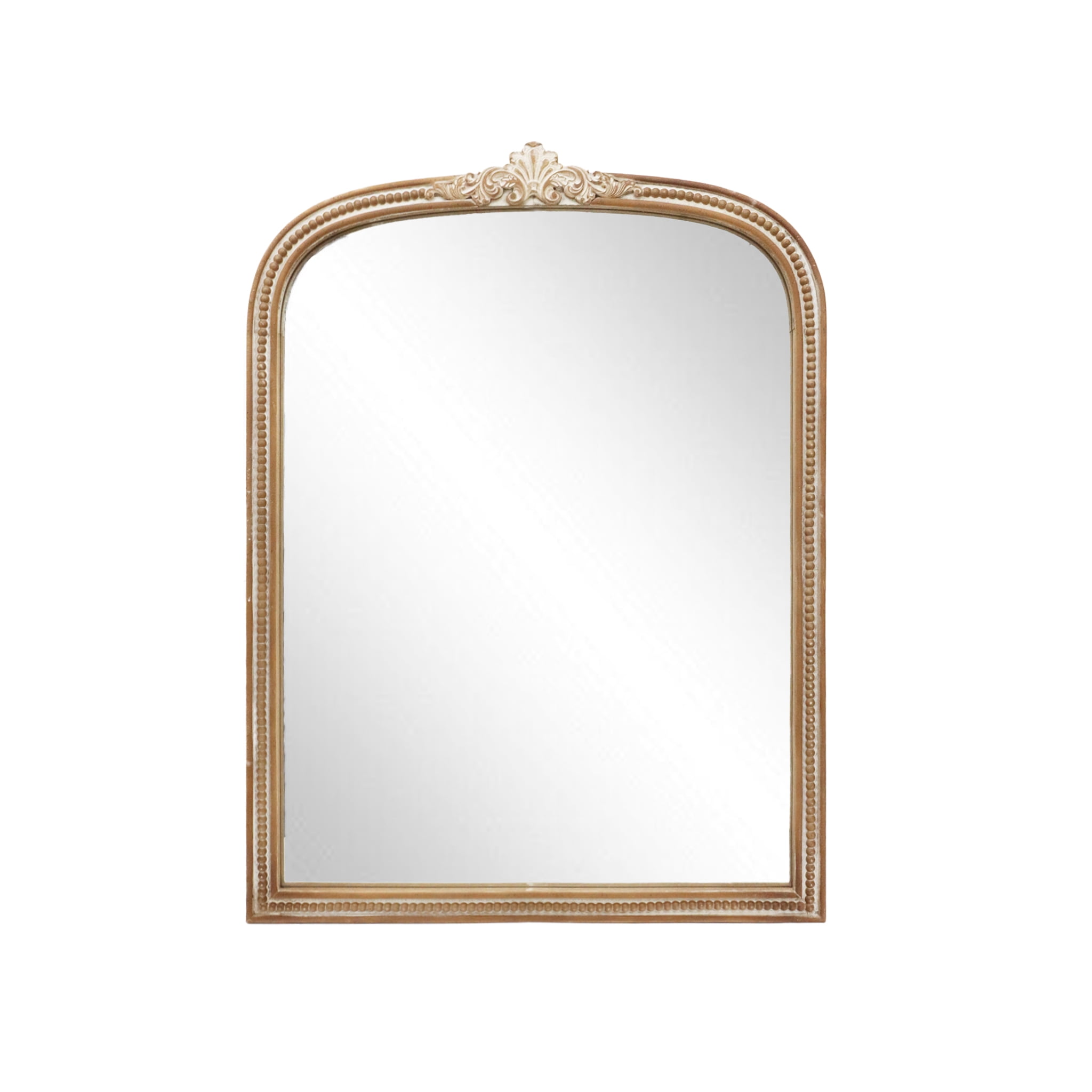 Parisloft Farmhouse Rustic Arched Wood Wall Mirror with Wood Beads and Ornate Detailing - 27.7 x 36.7 Inches, Boho Mirror Vintage Vanity Mirror for Bathroom, Bedroom, Brown
