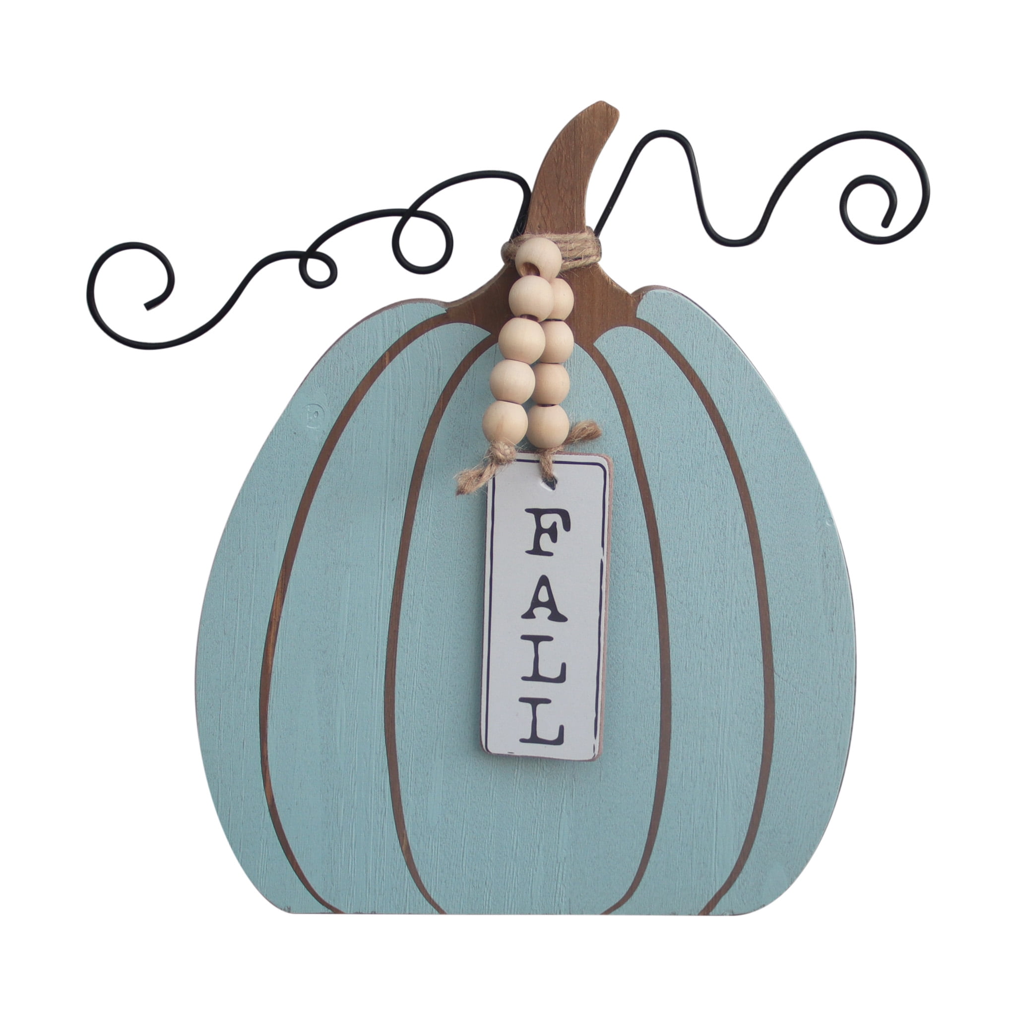 Blue Wood Pumpkin Figurine with Bead Accent for Fall Decor