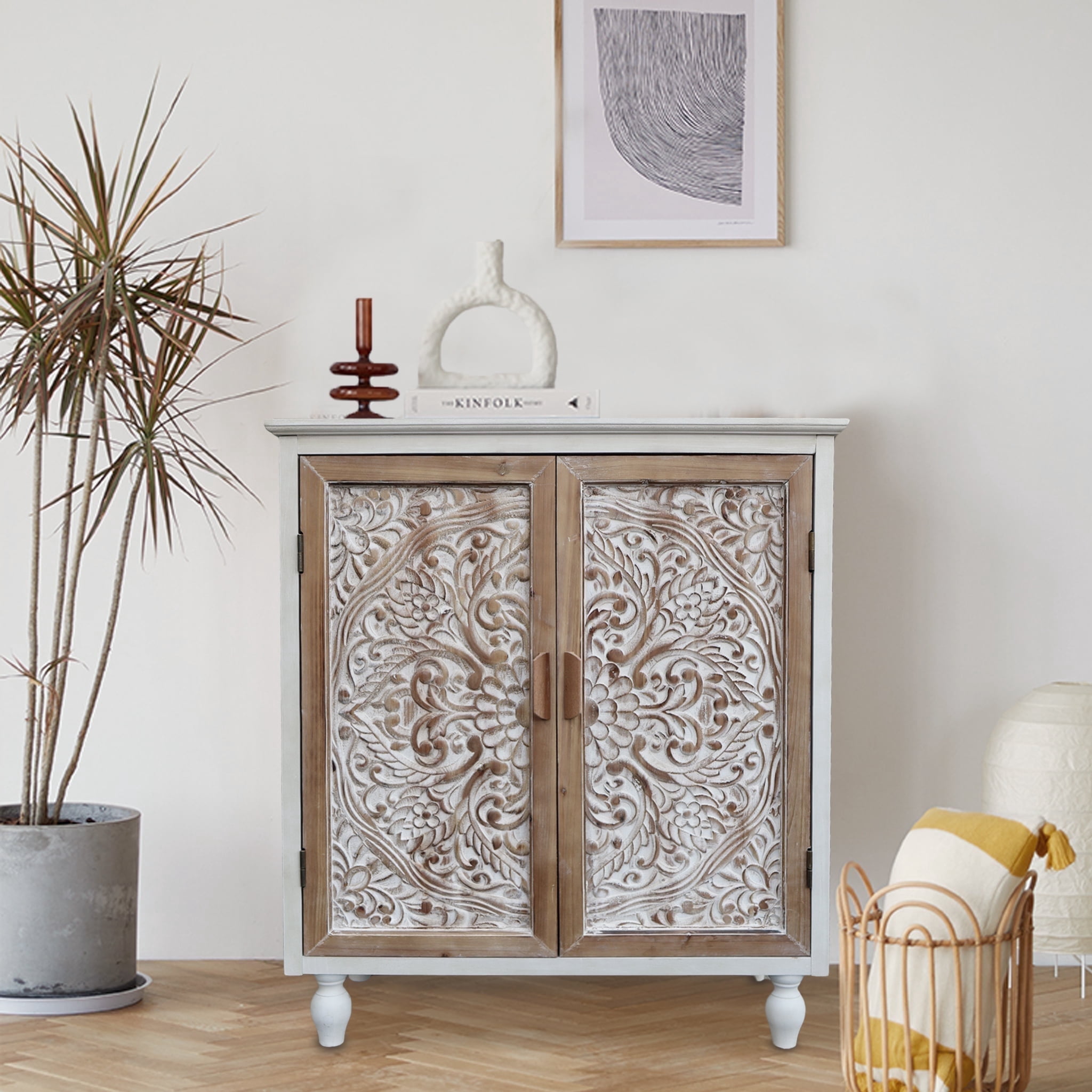 Parisloft Farmhouse Wood Storage Cabinet with Carved Doors and Movable Shelf, 34.5"H