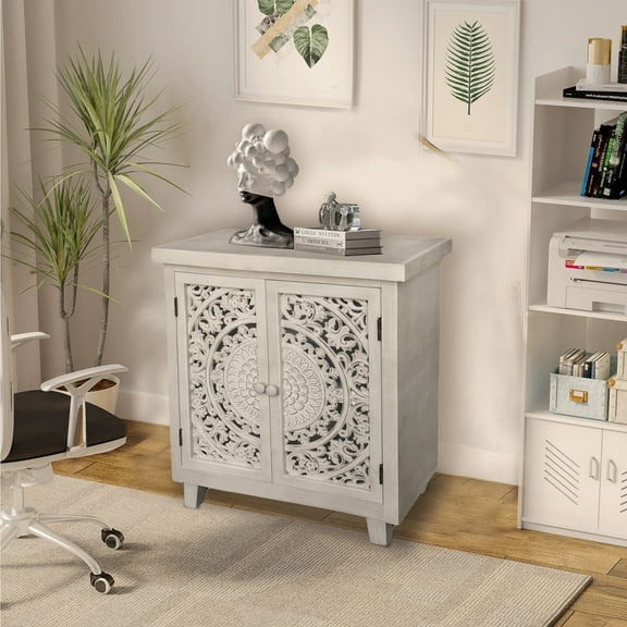 Parisloft Farmhouse Wood Storage Cabinet with 2 Hollow-Carved Doors and Shelf, 30.3"H