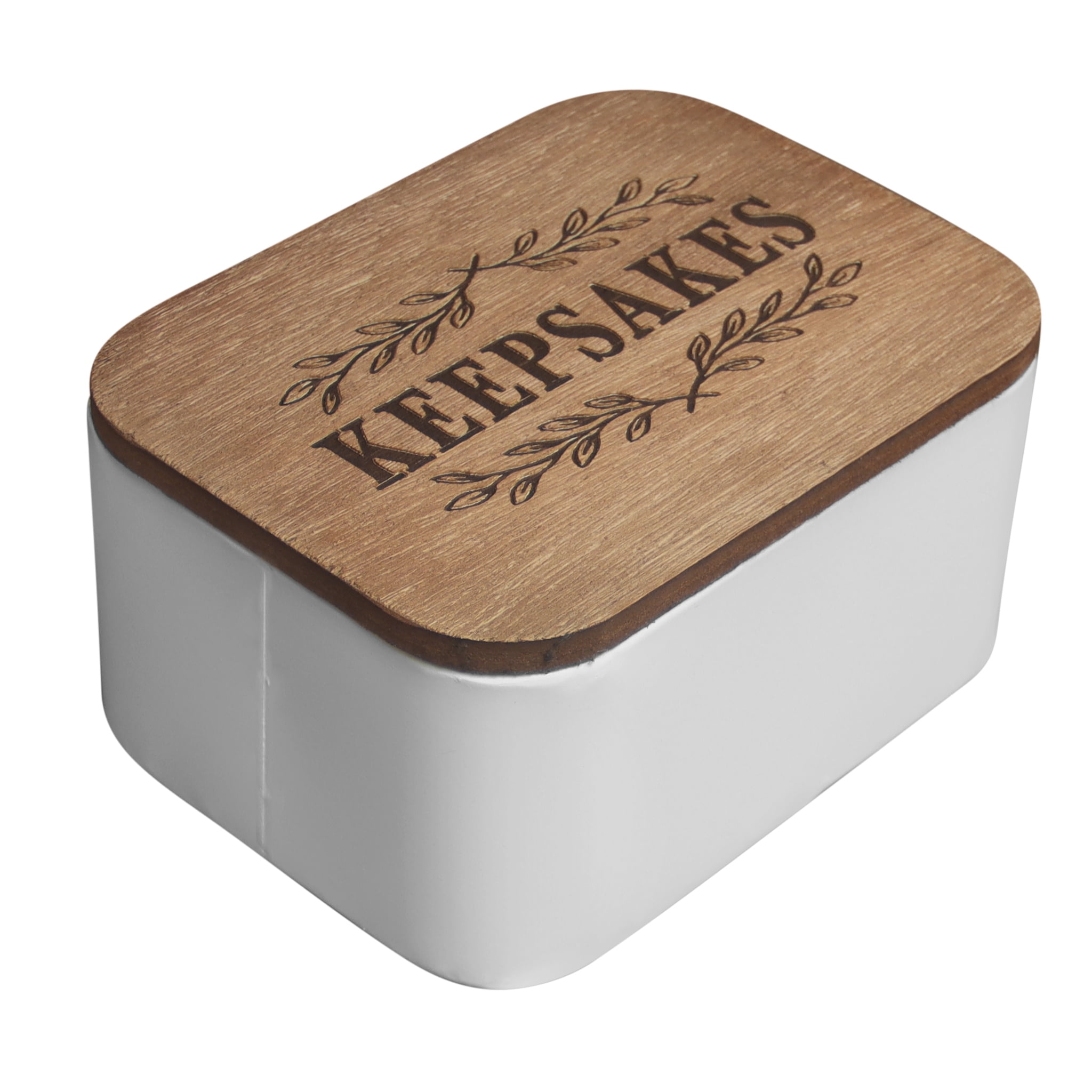 White and Brown Farmhouse Wood Keepsakes Storage Box with Engraved Lid