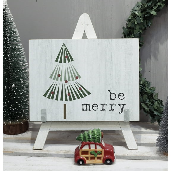 Parisloft Holiday Tree Christmas Farmhouse Wood Freestanding Sign, White, 7.8 x 9.8"H