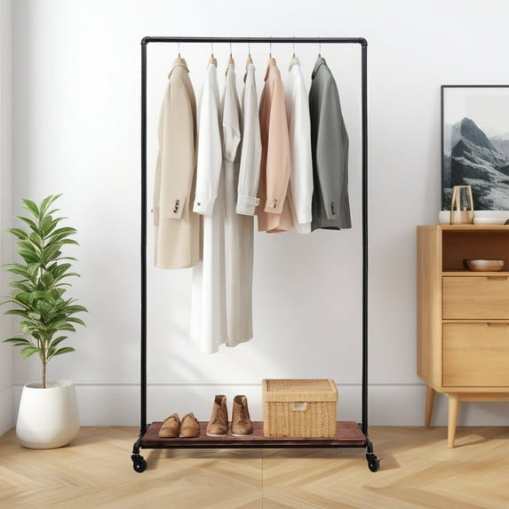 Parisloft Metal Garment Racks, Rolling Clothes Rack with Lockable Wheels, Industrial Pipe Style, Rustic Finish, 1-Rod & 1-Shelf