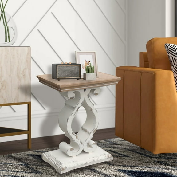 Parisloft Rectangle End Table with Natural Wood Top and Distressed White Carved Legs, 19.75 x 11.75 x 27.5 inches