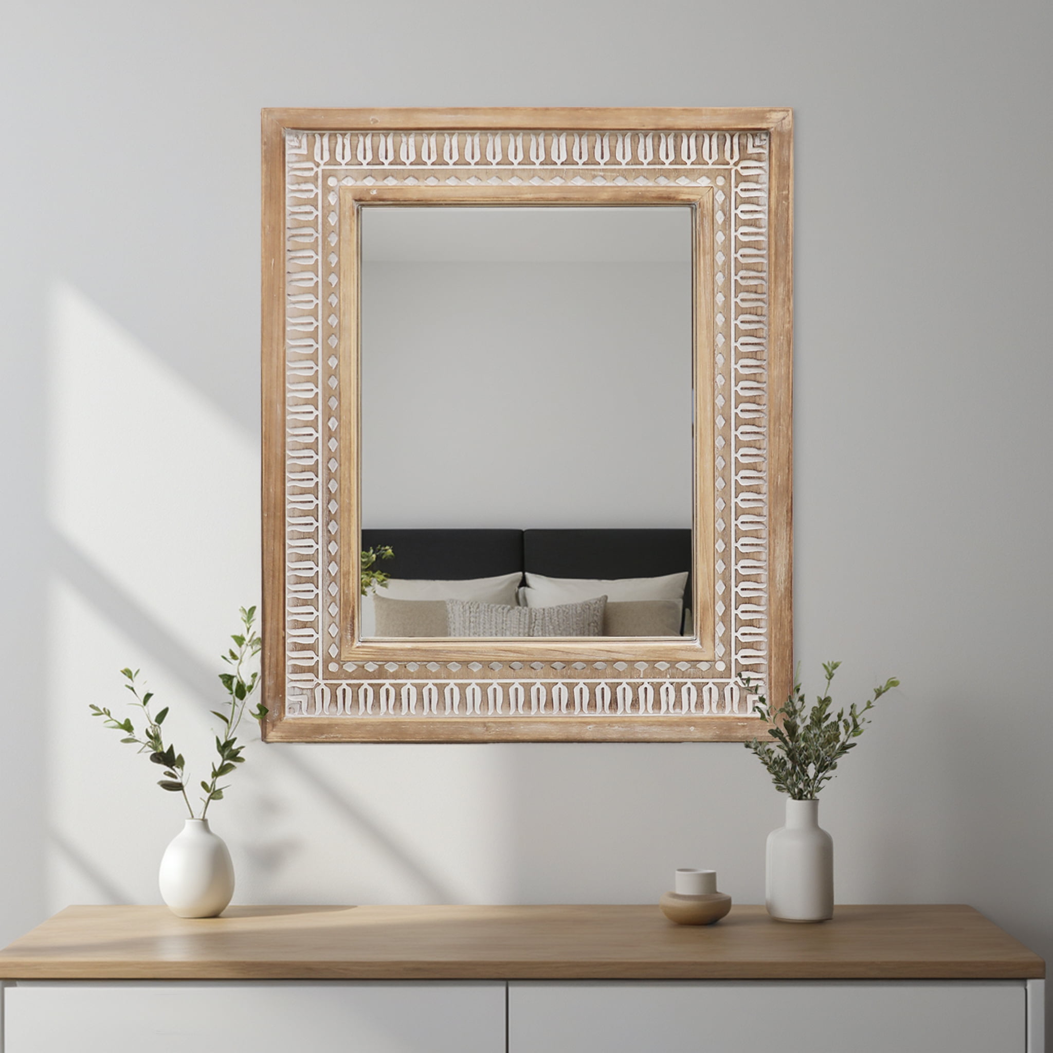 Medium Brown and White Carved Wood Farmhouse Decorative Mirror