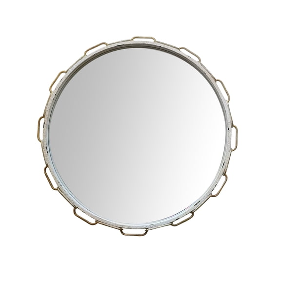 Parisloft Round Metal Chain Link Wall Mirror, Farmhouse Rustic Metal Wall Mirror for Bedroom, Bathroom, Livingroom, Entry, Distressed White and Gold, 25.625 Inch