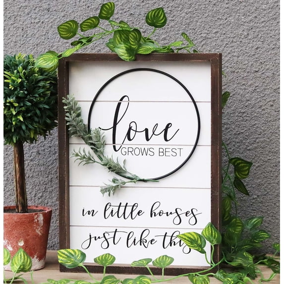 Parisloft Rusic Wood Love Sign with PVC Green Leaf - Love Grows Best in Little House Just like This