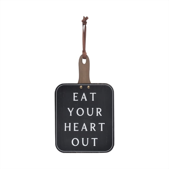 Parisloft Salty Eat Your Heart Out Wood Wall Decor Wood Wall Decor, Cutting Board Shaped Kitchen Decor with a Leather Hanger, Farmhouse Rustic Wood Kitchen Decor, 7"W x 11.75"H