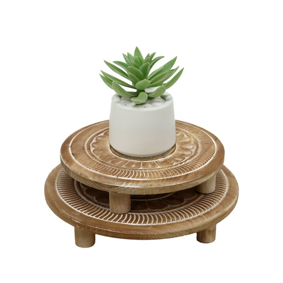 Parisloft Set of 2 Round Wooden Display Risers, Farmhouse Wood Risers with Carved Pattern Design, Small Wood Pedestal Stands for Display, (Light Brown, 9.7/11.7 inch)